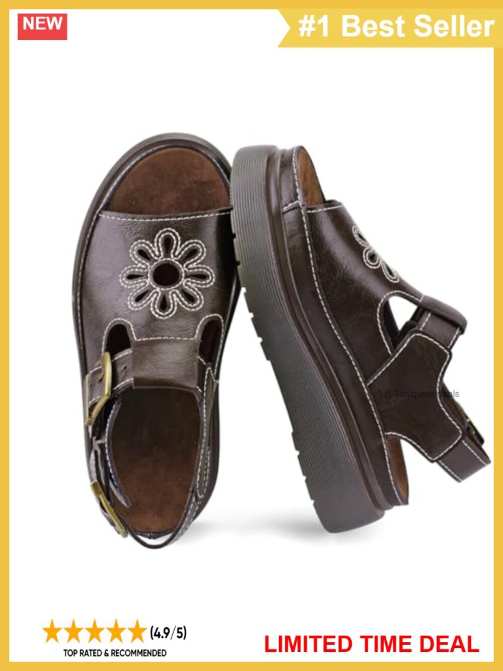 Platform Sandals Chunky Ankle Buckle Leather Floral Casual